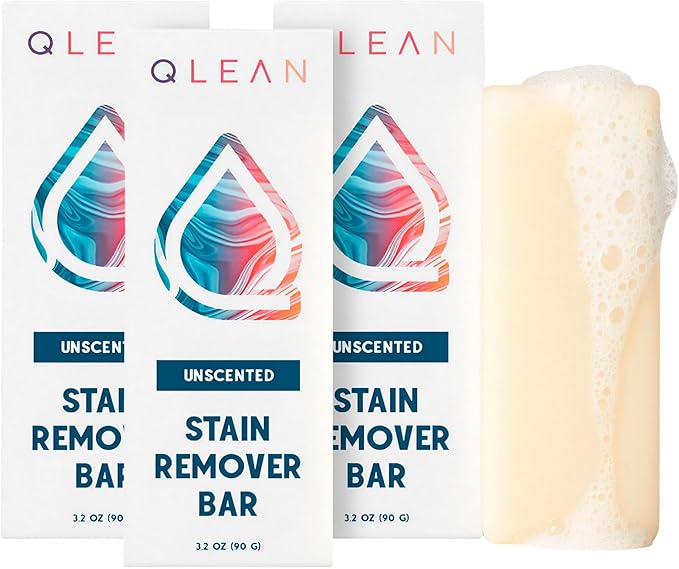 QLEAN Stain Remover Bar for Clothes (3-Pack) â Plant-Based Laundry Stain Stick, Removes Grease Wine Coffee Blood & Grass Stains, Non-Toxic, Travel-Friendly Fabric Stain Remover Bars