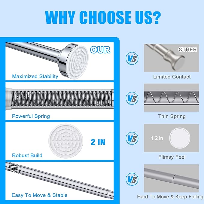 TEECK Shower Curtain Rod, 32-92 inch Adjustable Spring Tension Curtain Rod, Never Rust Anti-Slip Shower Curtain Rod for Bathroom, No Drilling, Never Collapse, Easy to Use, Silver