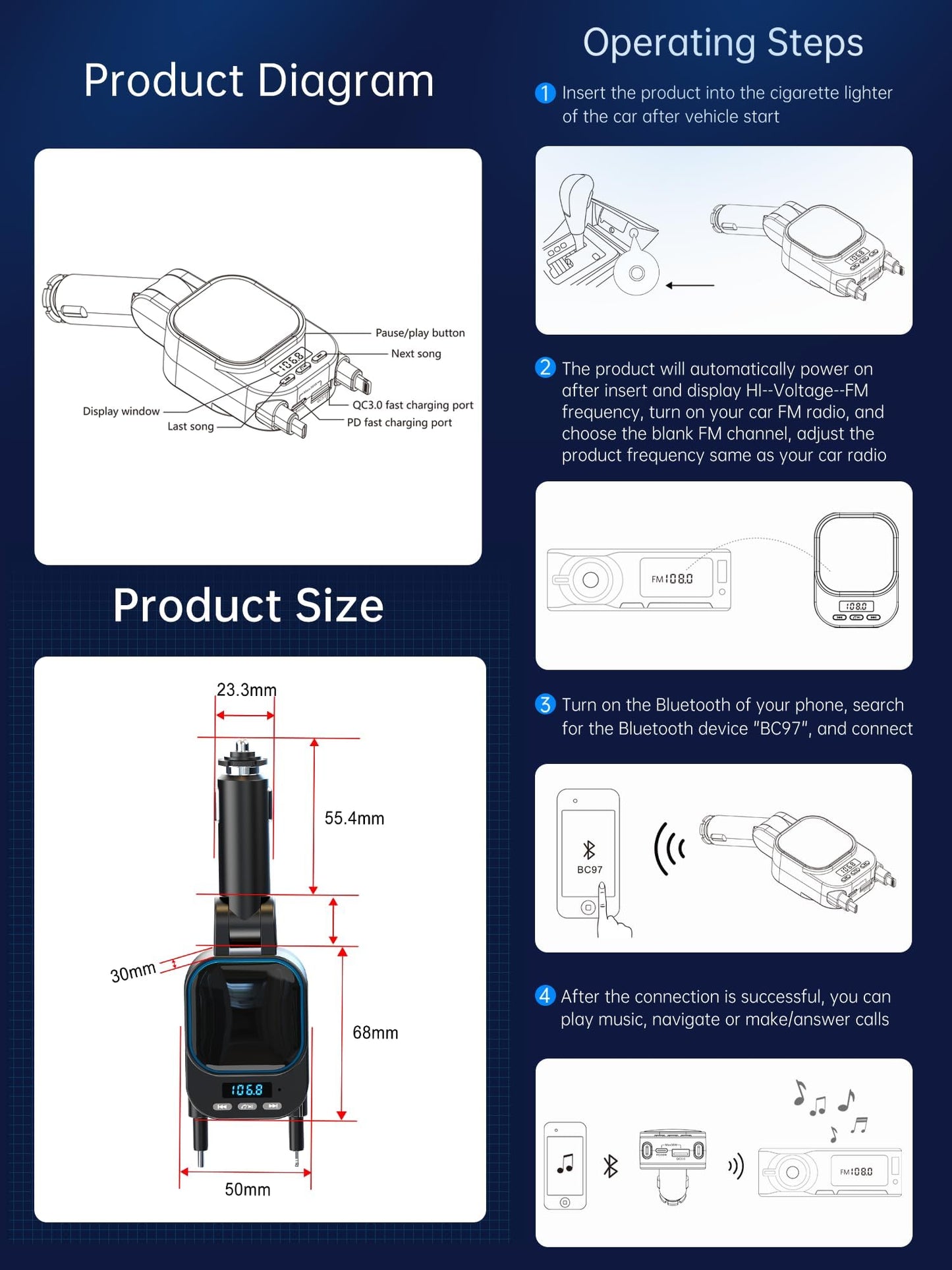 Retractable Car Charger 96W with Bluetooth Car Adapter, 4 in 1 Fast Charging, Radio Bluetooth 5.3 FM Transmitter, Handsfree Calling, USB C Phone car Charger Adapter for iPhone 16 15 14 13 12
