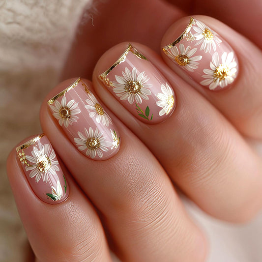 French Tip Press on Nails Short Square - Fake Nails Press ons with Gold Foil & Daisy Flower Design Manicure Set, Light Pink Full Cover Glue on Nail for Women Wedding & Casual Occasions