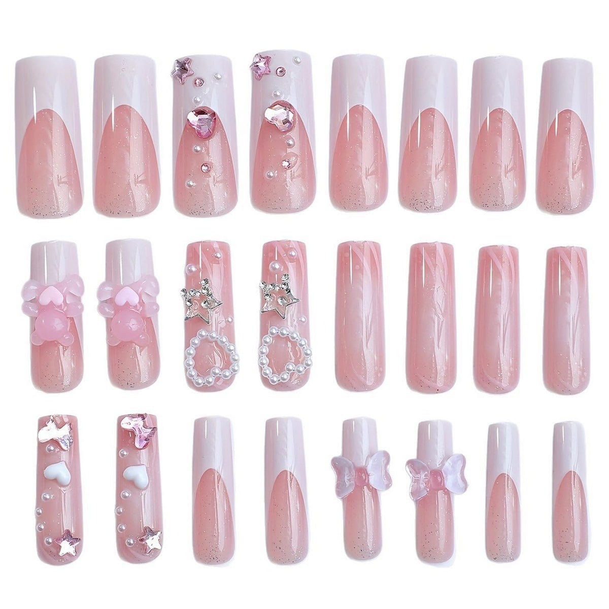 Extra Long Coffin Shaped Press on Nails White French Tip Fake Nails with 3D Bow Bear Star Charm and Pearl Designs Glitter Acrylic Nails Cuter False Nail for Women Nail Art DIY 24 Pcs
