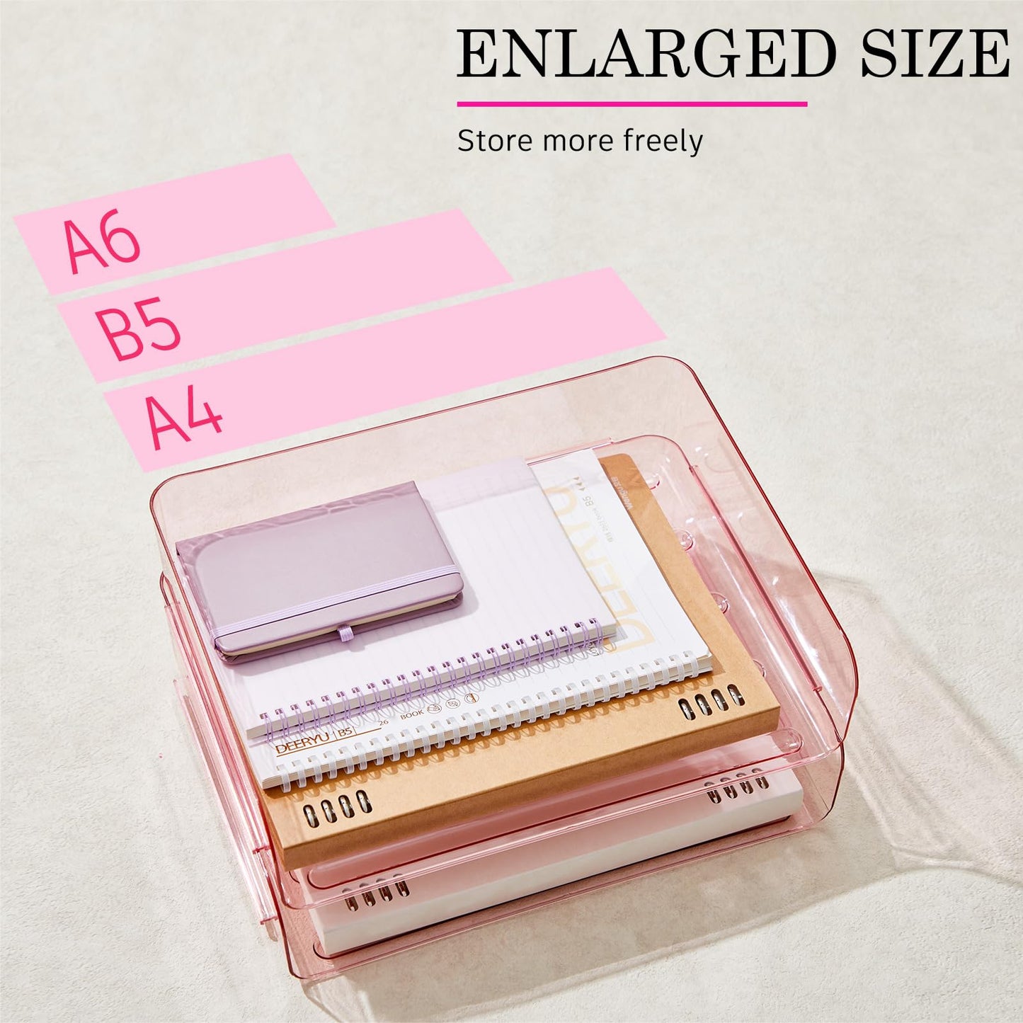 Harloon 4 Tier Acrylic Paper Tray 13 x 9.8 x 3 Inches Stackable Letter Clear Organizer No Need to Assemble Acrylic Paper Organizer File Tray for Office Workspace Desktop Storage (Transparent Pink)