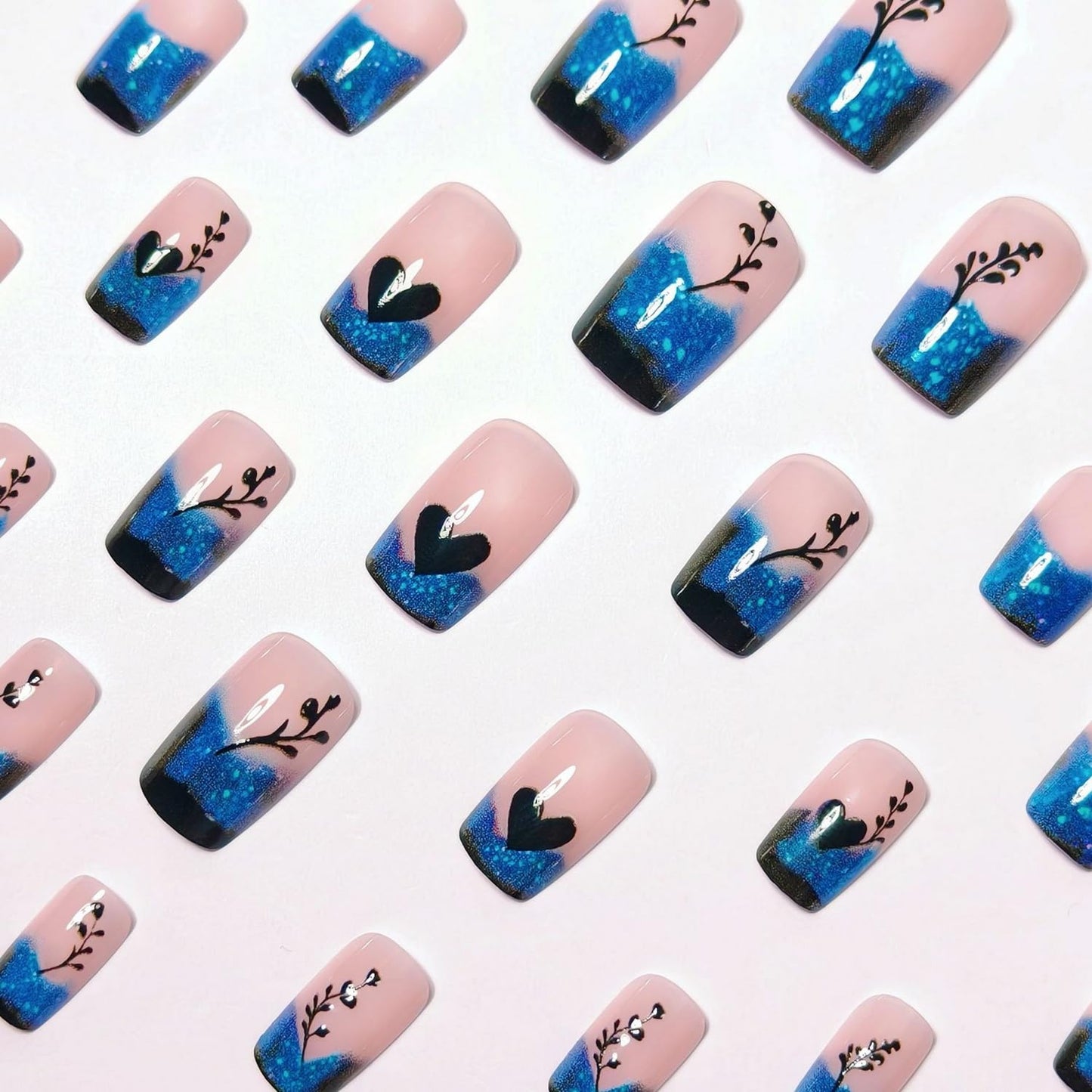 Blue Gradient French Tip Press on Nails Short Square Shaped False Nails Heart Love Pattern Designs Glitter Acrylic Fake Nails Full Cover Glossy Artificial Stick on Nail Women Nail Art DIY 24 Pcs