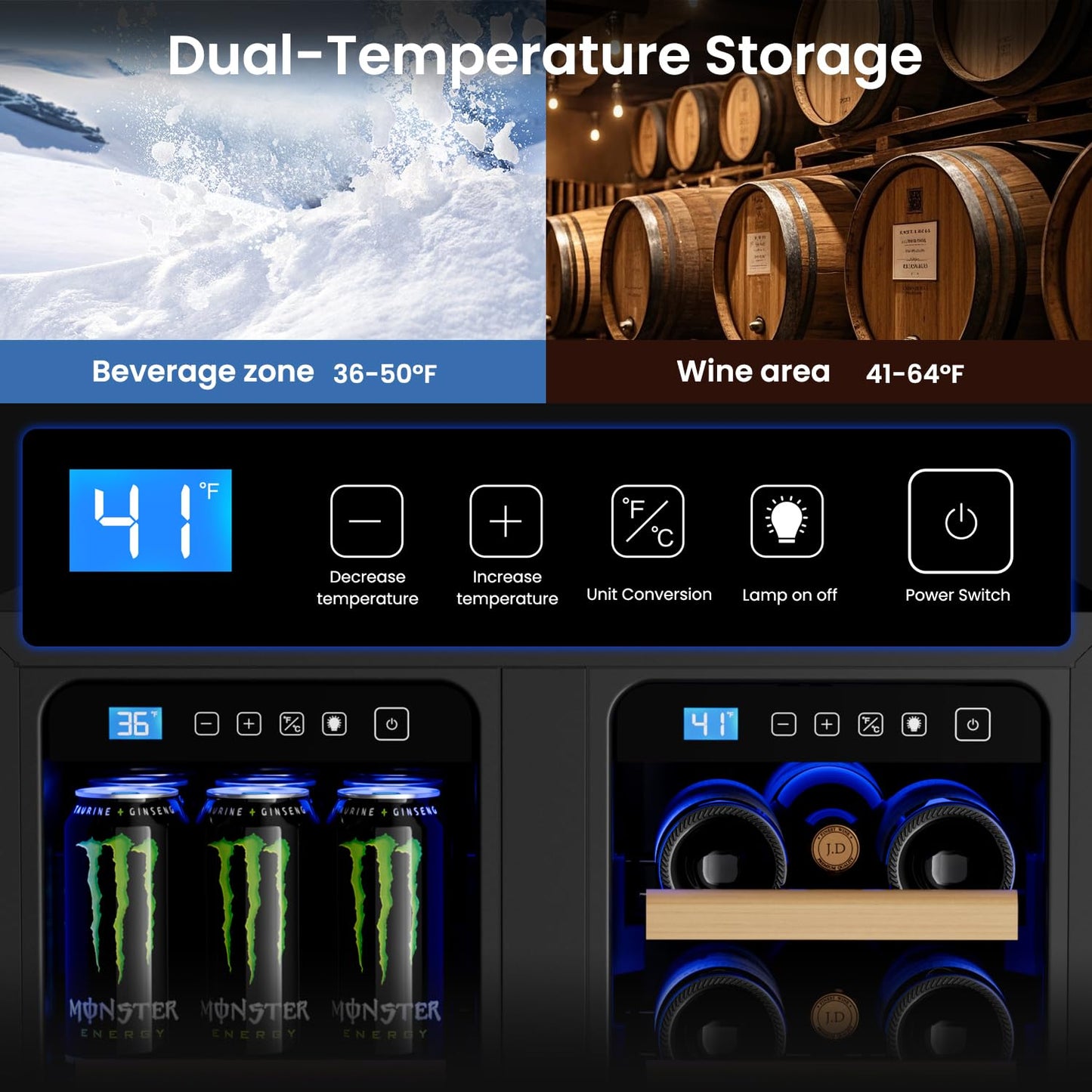 Vushine Wine and Beverage Refrigerator, 24’’ Daul Zone Wine Fridge, Freestanding Under Counter Refrigerator, Stainless Steel Beverage Cooler with Adjustable Shelves, Holds 21 Bottles and 88 Cans