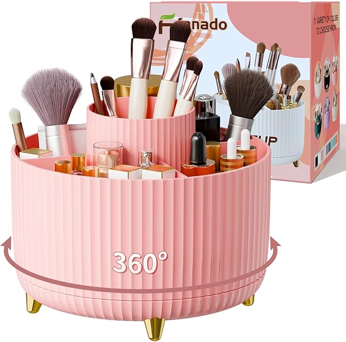 360Â° Rotate Makeup Brush Holder Organizer, Makeup Organizers Countertop, Makeup organization and Skincare Storage for Vanity, Desktop, Bathroom (Pink)