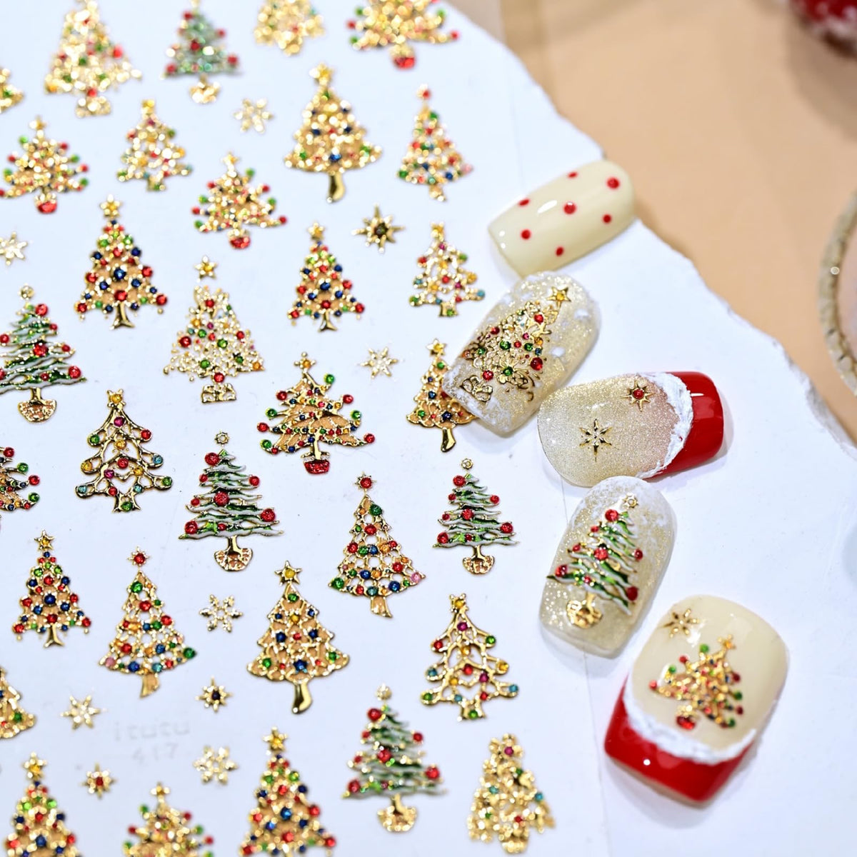 Christmas Nail Art Stickers Xmas Tree Nail Stickers 5D Embossed Self Adhesive Shiny Gold Design Rhinestone Nail Decals for Women Girls Winter Nails Charms Supply Decoration