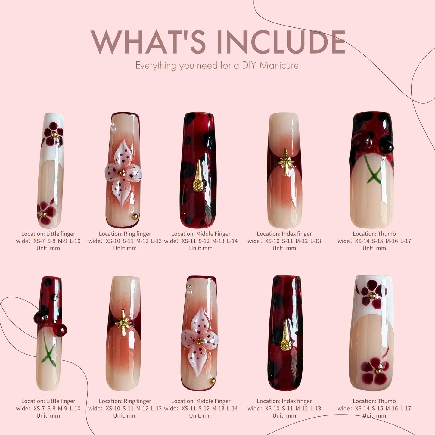 Rouge Sonata 10pcs Press On Nails for Women, Crimson Floral Golden Accent Acrylic UV Gel Wearable Nails, Korean Style Wine Red Gradient Cherry Blossom Fake Nails Set (Dark red, S)