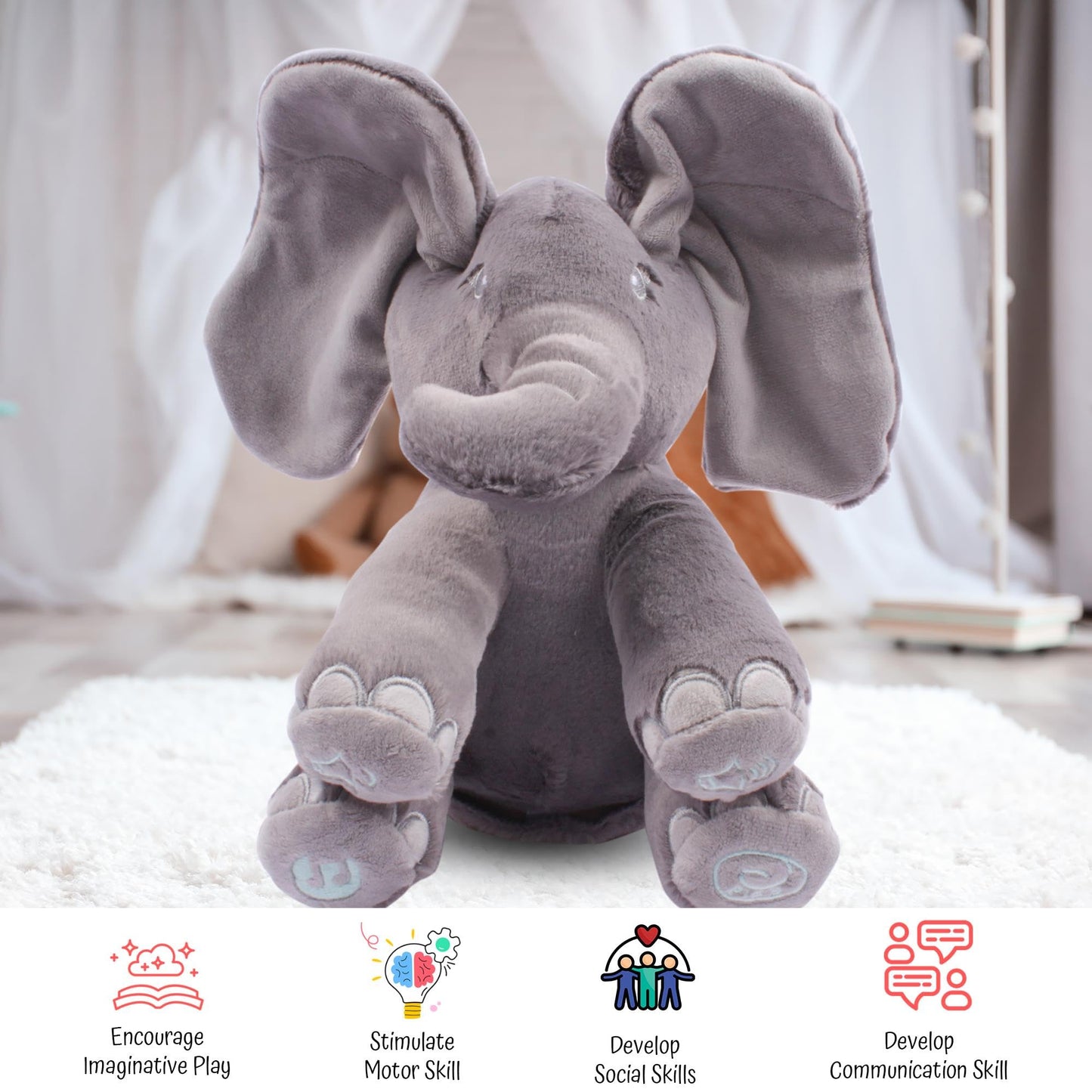 Dimple Emery Peek A Boo Elephant Toy, Interactive Singing Stuffed Elephant Plush with Moving Ears, Musical Stuffed Animal for Babies and Toddlers, Adorable Baby Toy - Adorable Gift for Grandchild