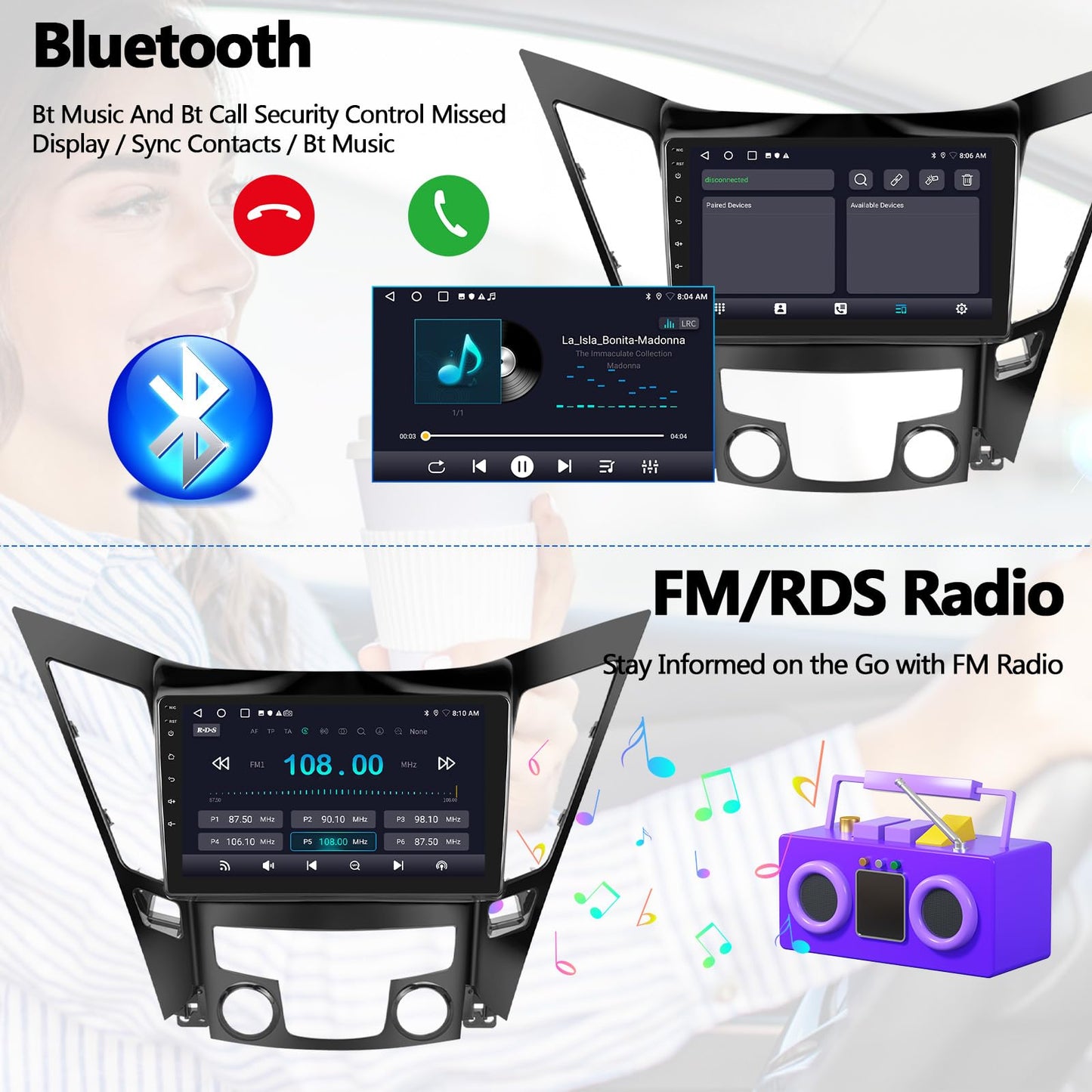 2G+64G for Hyundai Sonata 2010-2015 Radio Android 13 Car Stereo Wireless Apple CarPlay Android Auto Mirror Link GPS 9” HD Touchscreen Bluetooth Car Radio FM/WiFi+Backup Camera Mic Camera&Mic