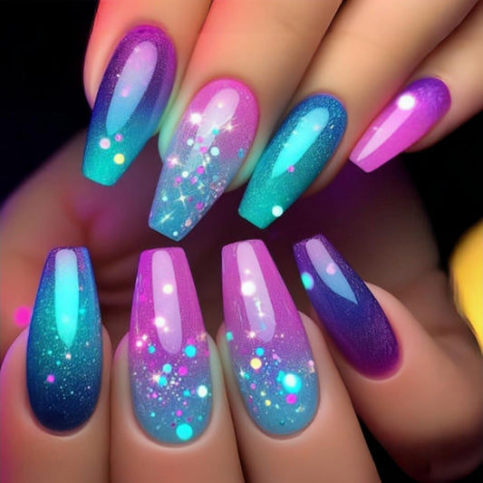 LOPMNGHT Press on Nails Medium Ballet Shaped Purple Gradient Acrylic Nail Colorful Glitter Dots Pattern Design Glossy Artificial False Nails Reusable Glue on Nails for Women Manicure Art Decoration
