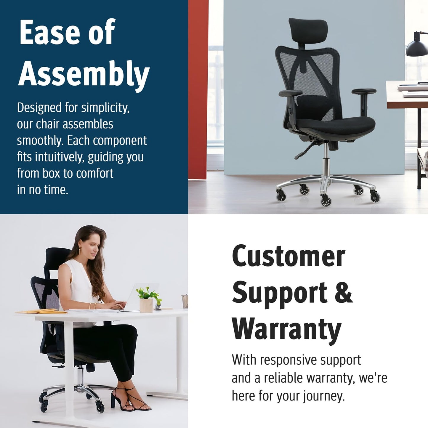 Ergonomic Office Chair - Adjustable Desk Chair with Lumbar Support and Rollerblade Wheels - High Back Chairs with Breathable Mesh - Thick Seat Cushion, Head, and Arm Rests - Reclines (Black)