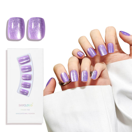 Purple Cat Eyes Press On Nails,12 Sizes - 24 Pcs Soft Gel Purple Short Squoval Fake Nails Kit with Nail Glue, Natural Reusable Stick On False Nails for Women and Girls SK1059