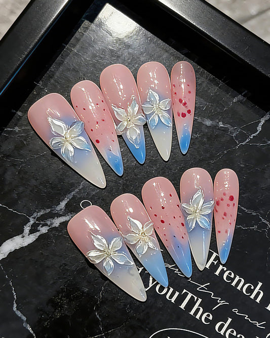 CAMILCY Luxury Handmade Press on Nails Pink Blue Gradient Stiletto nail Cherry Blossom Glitter Fake Nails with 3D White Flower Acrylic Glossy Reusable Elegant Artificial Nails for Women (A022, S)