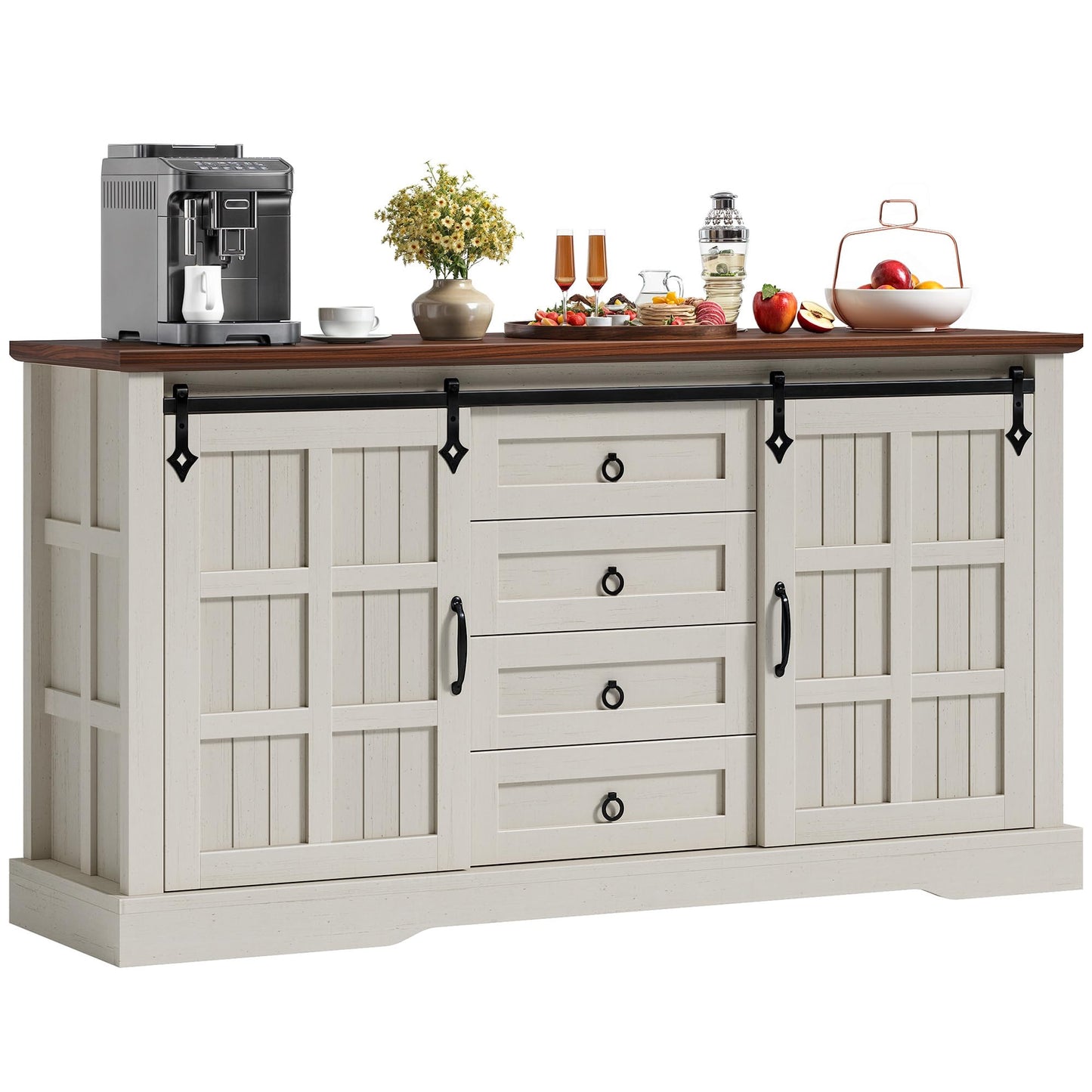 DWVO 59" Sideboard Buffet Cabinet with Storage, Kitchen Storage Cabinet with Sliding Barn Doors and 4 Drawers for Living Room/Kitchen, White Oak