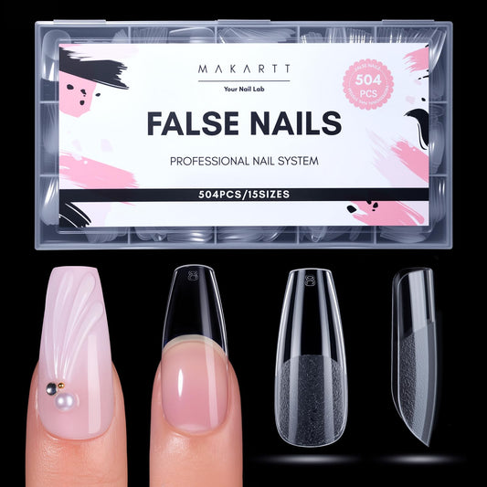 Makartt Medium Coffin Nail Tips: 504 PCS Pre-Etched Clear False Nails Tips, 15 Sizes Full Cover Half Matte Soft Acrylic Press On Nail Extensions Supplies Salon and DIY at Home
