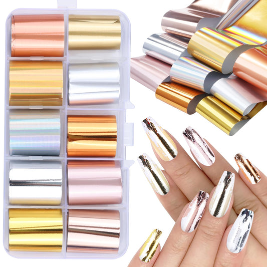 Aurora Nail Foil Laser Sheets, 2 Boxes Acrylic Nail Remover Holographic Nail Transfer Foils with Glass Fragment Effect, DIY Nail Art Stickers for Acrylic Gel Nails (10 Colors Transfer Foils Paper)