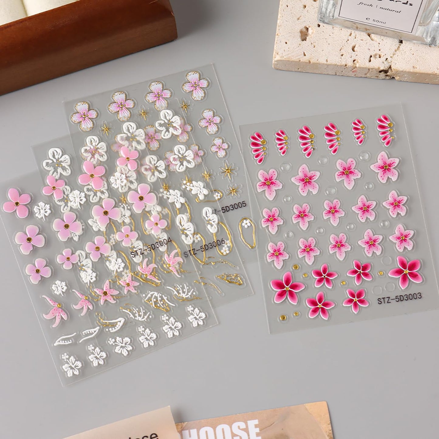 4 Sheet 5D Embossed Nail Stickers Flower Nail Art Stickers Decals for Spring Nail Supplies Pink Floral Nails Art Design Daisy Gold 3D Self-Adhesive Manicure Decoration for Women Nails Supplies