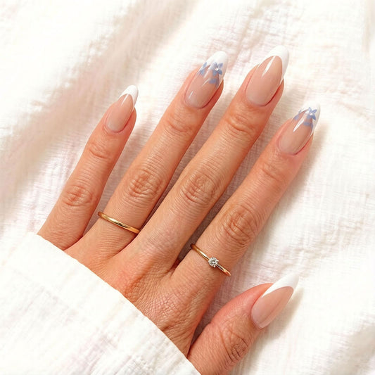 24Pcs White French Tip Press on Nails Medium Almond, Blue Floral Designs, Glossy Full Cover Fake Nails, Reusable Glue on Nails with Acrylic Effect,Nude Nails Press ons for Women