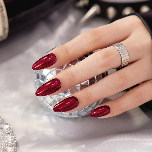 VSALON Press On Nails Almond, 32 Pcs 16 Sizes Red Press On Burgundy Chrome Metallic Medium Fake Nails With Glue & Cuticle Oil, Reusable Stick On Nails False Nails Kit
