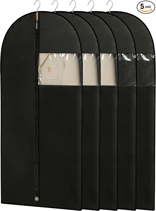 Garment Bags for Hanging Clothes, 50'' Long Dress Bags for Closet Storage, Black Garment Covers with Clear Window for Suits, Coats, Jacketsï¼5 Packsï¼