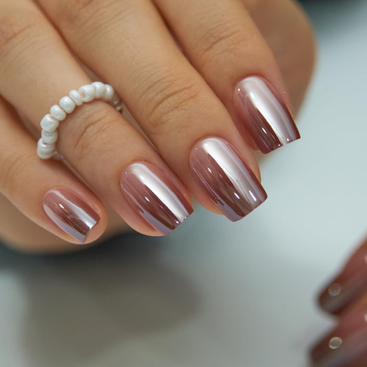 CurvLife Press on Nails Short Square Acrylic Fake Nails with Apricot Design Full Cover False Nails Glossy Nude Glue on Nails Artificial Stick on Nails for Women (Brown Pearl)