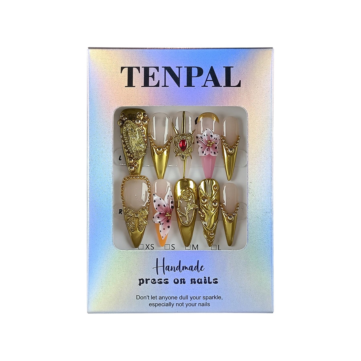 TENPAL Antique Gold French Tips Press on Nails Long Stiletto,Baroque Style Fake Nails with 3D Charms Roses,Cherubs,Bows,Soft Gel Metallic Fake Nails Kit Tools 10pcs,Full Cover Vintage Luxe Nails(S)