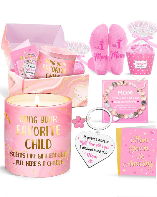 Mothers Day Gift for Mom - 5pc Gift Set Bundle with Scented Candle, Bracelet, Socks, Birthday Christmas Presents from Daughter Son, 5-Item Box