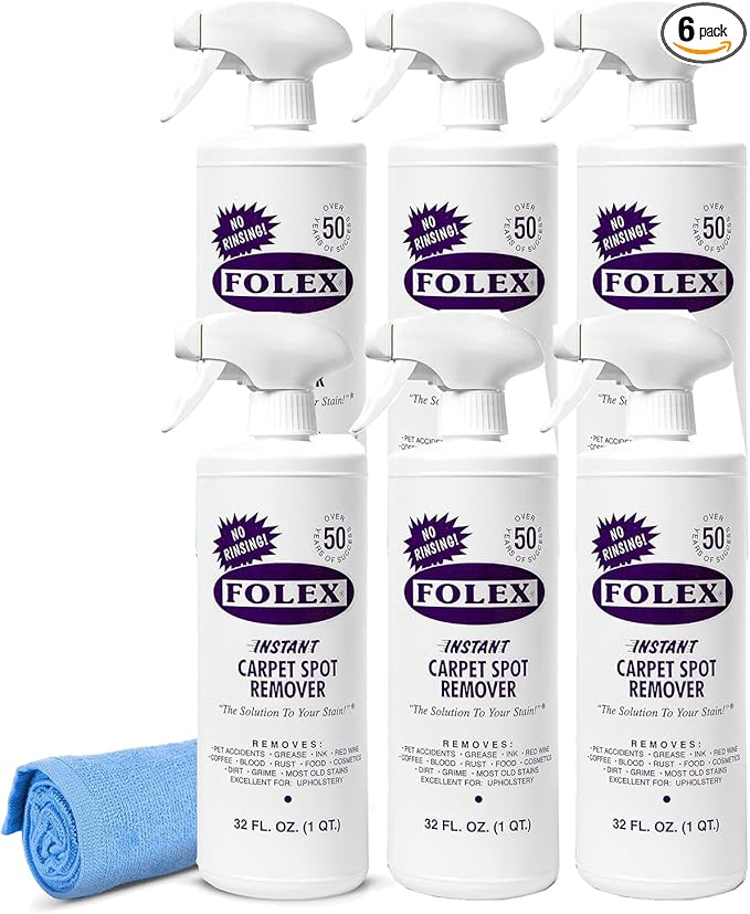 FOLEX Instant Carpet Spot Remover 32 oz â Powerful Stain Remover for Carpets, Upholstery & Rugs â Eliminates Pet Stains, Grease, Red Wine, Food, Makeup & More â With Reusable Cleaning Cloth - 6 Pack