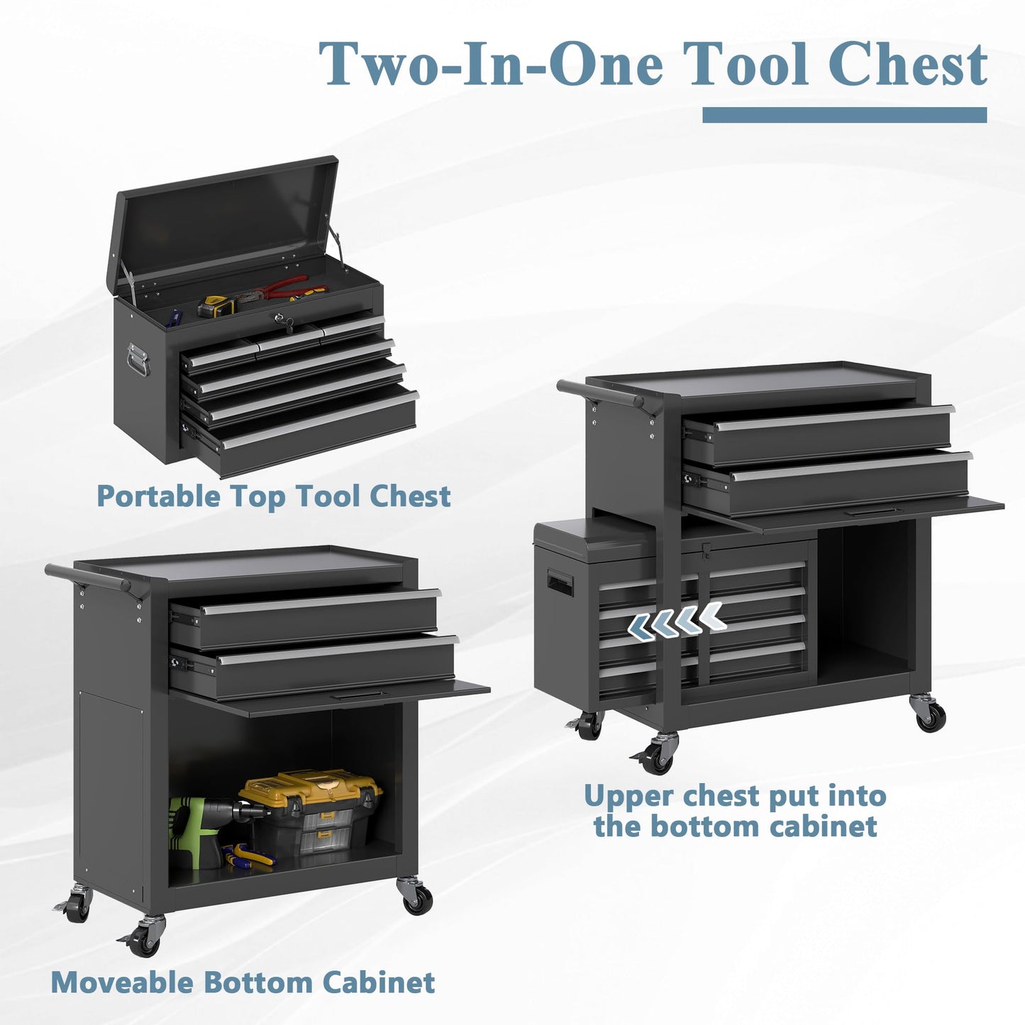 HOWSVN Tool Chest, 8 Drawers Rolling Tool Cabinet, Removable Cabinet Storage Tool Box with Hooks and Liners,Universal Lockable Wheels, Metal Tool Storage Cart, Tool Box for Garage, Workshop