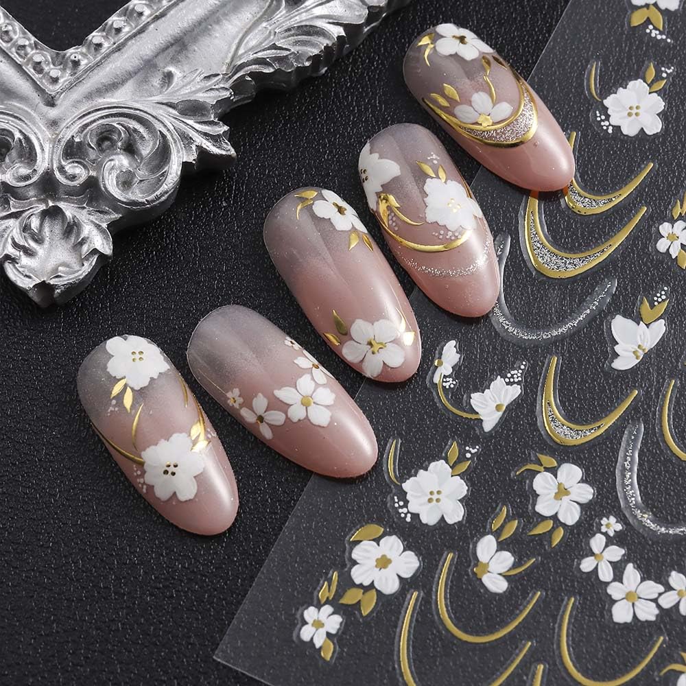 6 Sheets Flower Nail Stickers with Gold Silver Glitter Line Design Nail Decals 3D Self-Adhesive White Floral Nail Art Stickers Spring Summer Nail Decoration for Women DIY Manicure Supplies