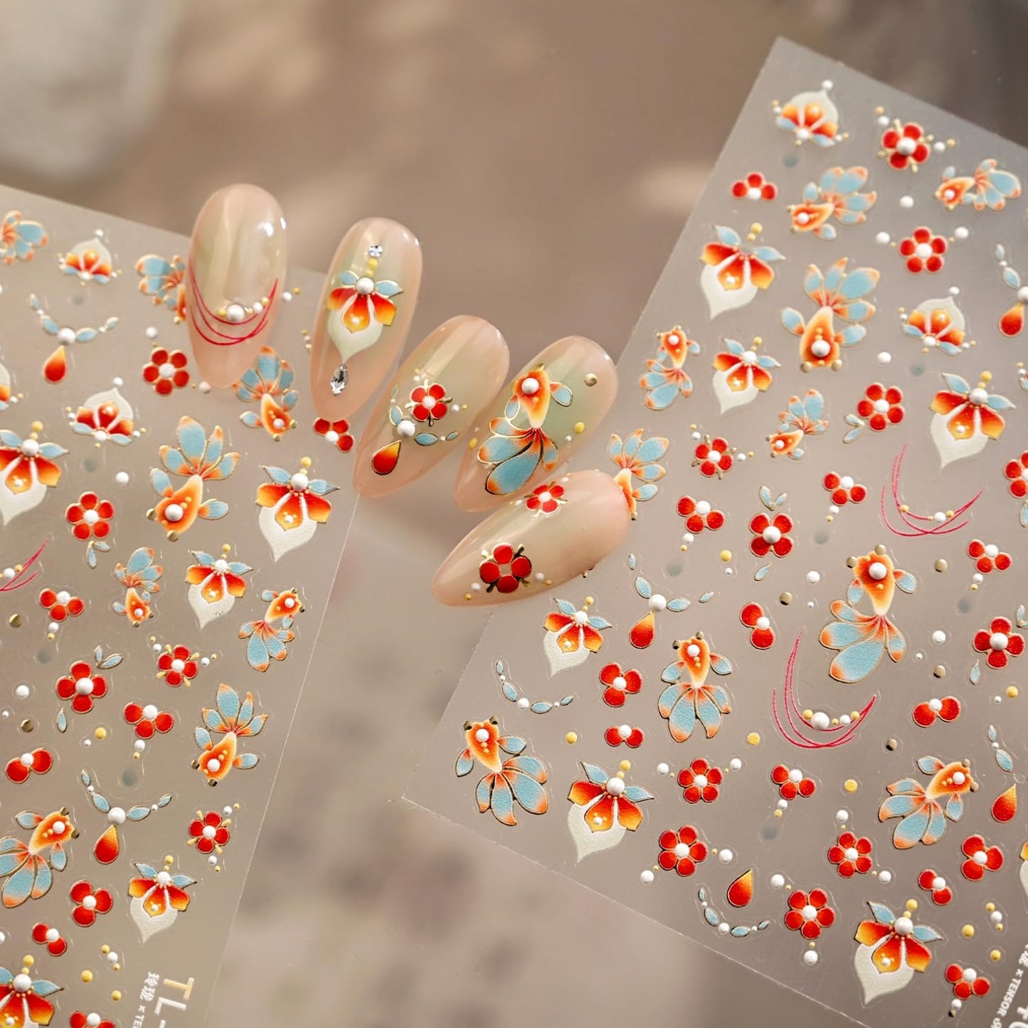 Summer Nail Stickers for Nail Art 5D Embossed Red Flower Nail Decals Koi Fish Nail Art Stickers with Pearl Design Spring Nail Charms Supplies for Women Girls