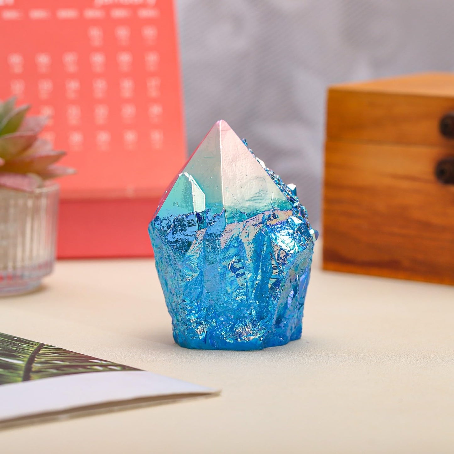 mookaitedecor Angel Aura Quartz Natural Rock Quartz Titanium Coated Crystal Points, Geode Rocks Crystal Cluster Stone Specimen for Meditation Home Decor, Blue