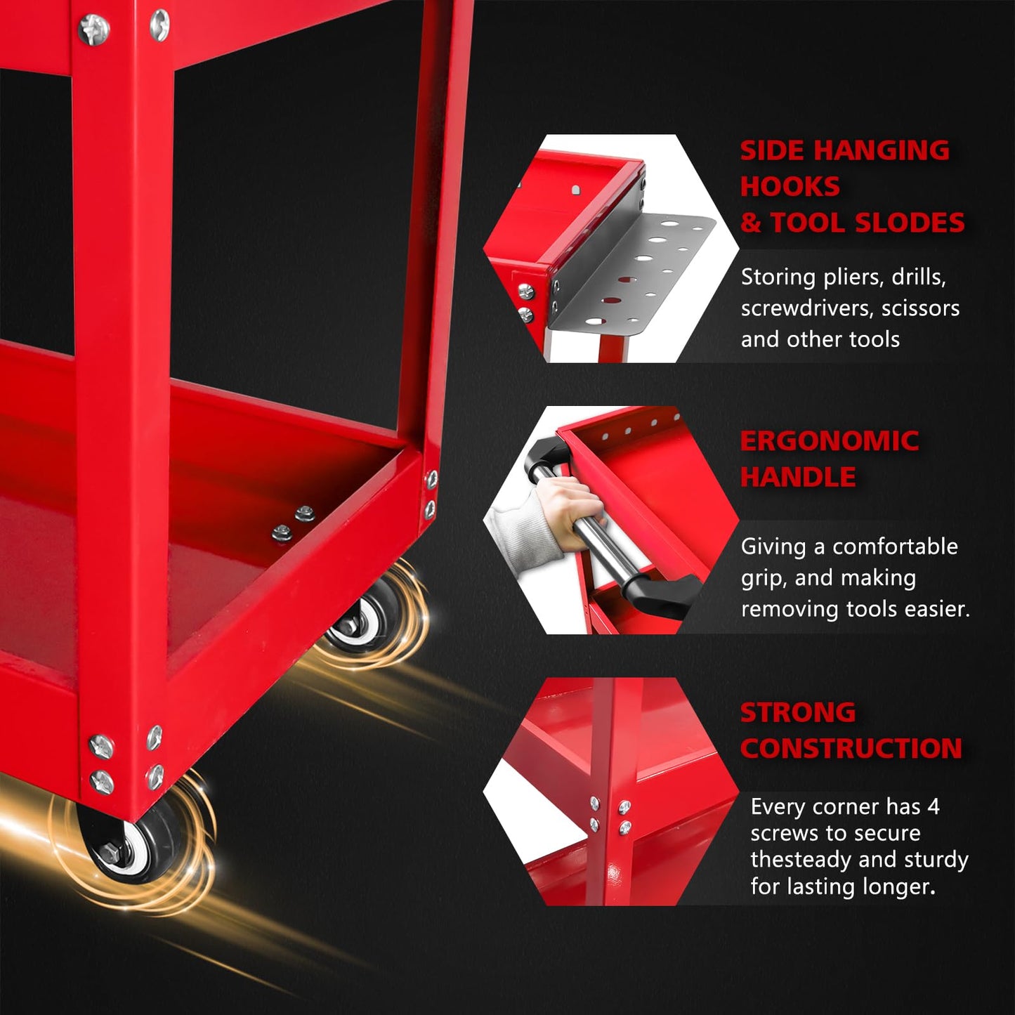 YATOINTO 3-Tier Rolling Tool Cart, Metal Rolling Cart with Side Hooks Wheels, 330LBS Heavy Duty Utility Carts, Handle Rolling Mechanic Tool Cart Storage Organizer for Warehouse Garage