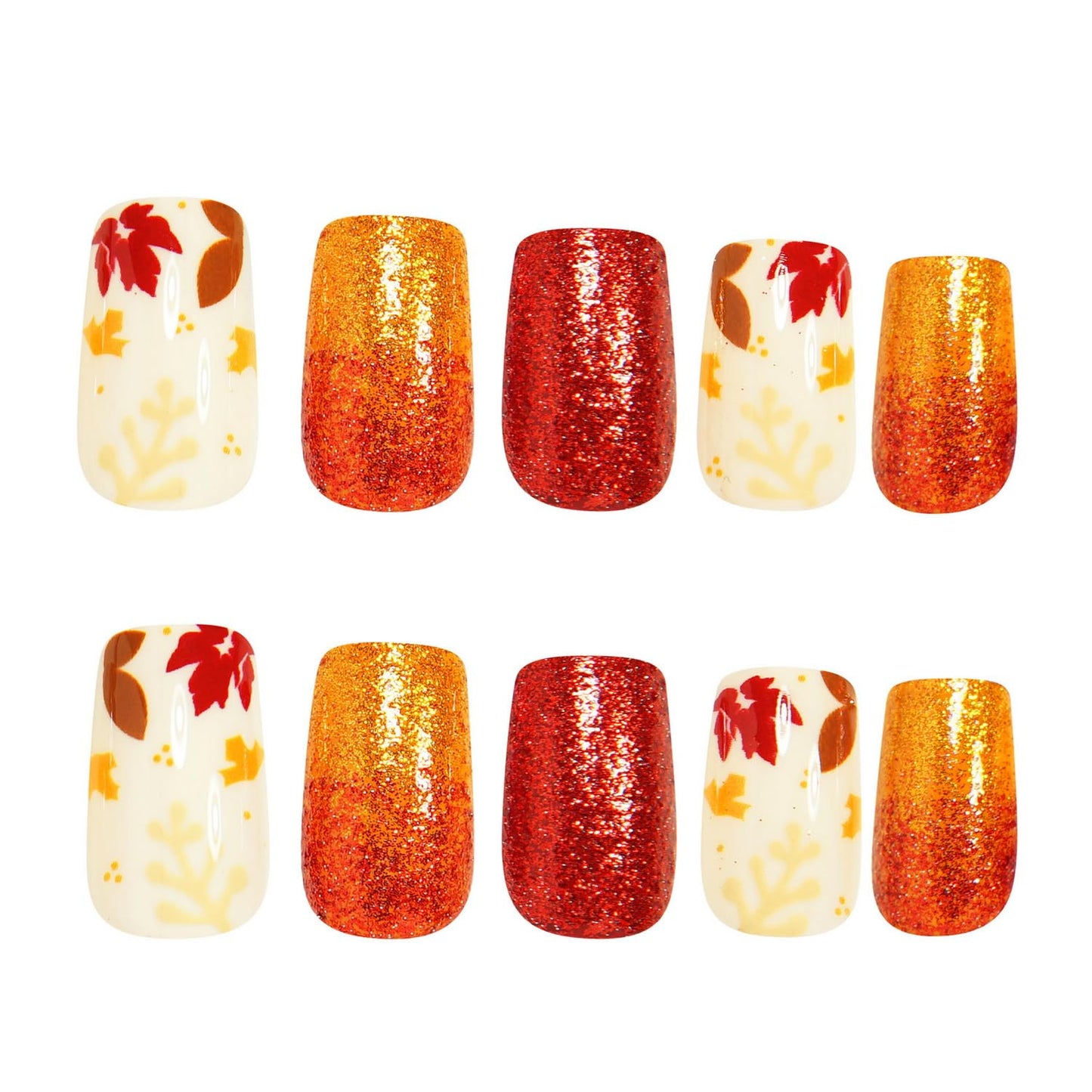 Fall Press on Nails Short Square Fake Nails Maple Leaves designs Stick on Nails Gold Glitter Acrylic Nails Thanksgiving False Nails Glossy Full Cover Autumn Glue on Nails for Women Girls Art Manicure