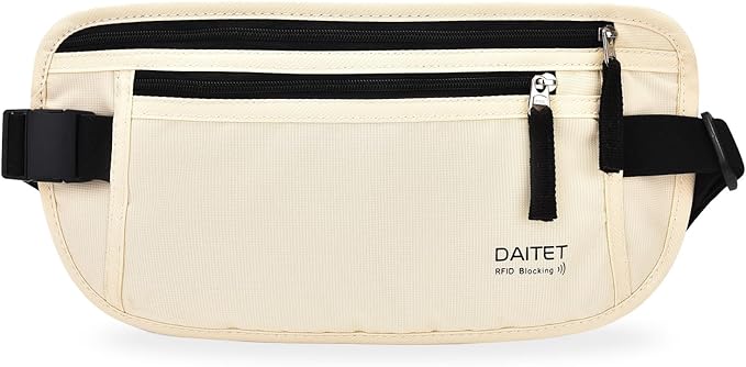 RFID Blocking Money Belt for Men Women, Slim Fanny Pack for TravelÃ¯Â¼ÂRunning,Conceal Waist Wallet for Passport Holder,Phone,Cash(Cream White)