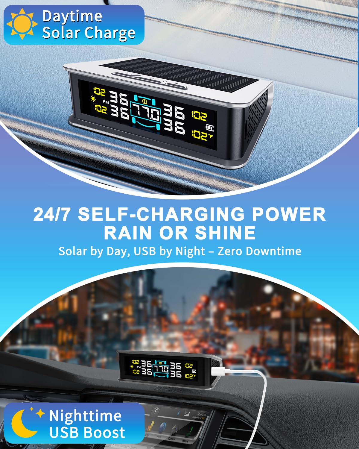 RV Tire Pressure Monitoring System (TPMS) - TPMS sensors Set of 4 & 6 Alarm Modes | Solar/USB Charger | LCD Display | for RV/Truck/SUV/MPV/Sedan.