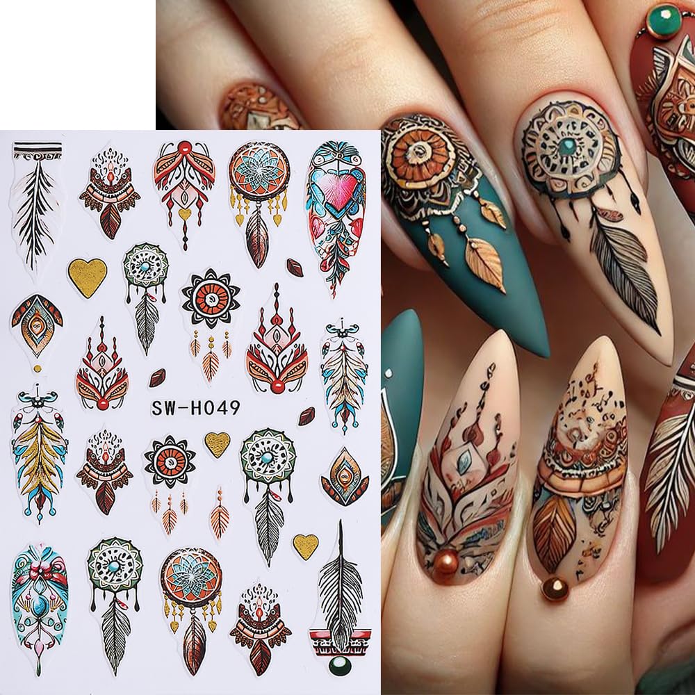 Nail Art Stickers 3D Self Adhesive Bohemian Decals Dreamcatcher, Heart Nail Supplies Nail Art Design Decoration Accessories for Women and Girls, Manicure Decor