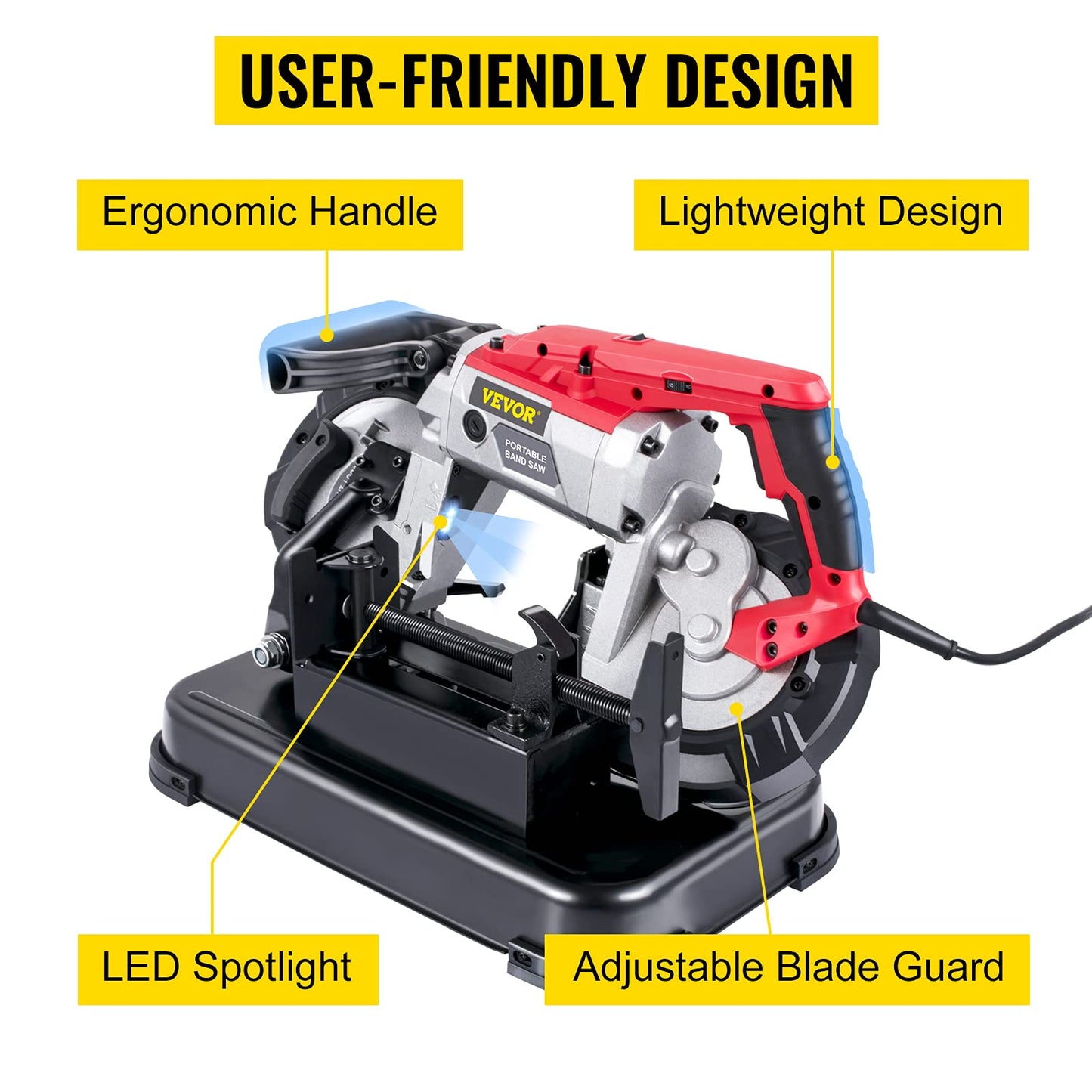 VEVOR Portable Band Saw, 110V Removable Alloy Steel Base 5 Inch Cutting Capacity Hand held Variable Speed Portable Bandsaw, 10Amp Motor Deep Cut Band saw for Metal Wood