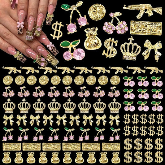 Pizadix 106Pcs Gold Pink Nail Art Charms, 3D Pink Cherry Money Bag Coin Gun Jewelry, Y2K Kawaii Luxury Designer Supplies for Nails