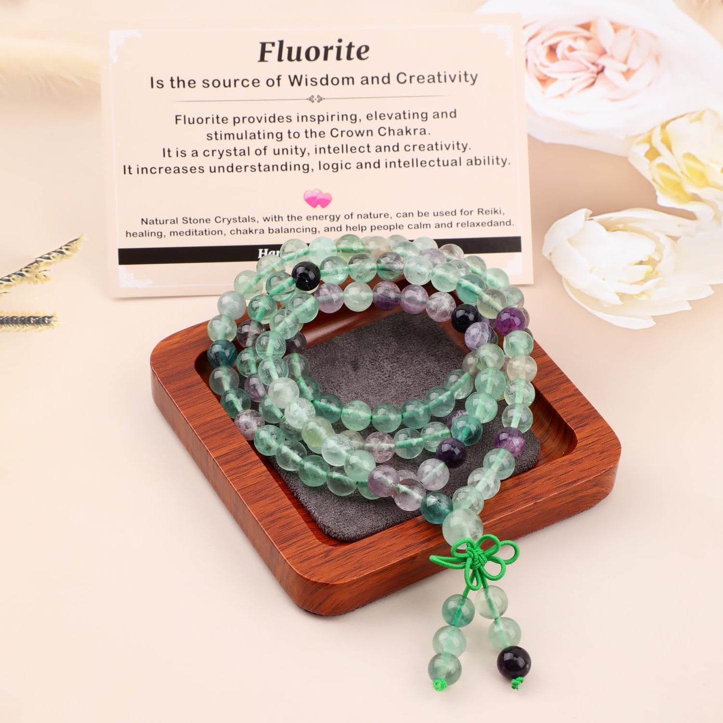 AD Beads 8mm 108 Prayer Mala Fluorite Elastic Bracelet - Wisdom and Creativity - Handmade Yoga Meditation Healing Power Energy Gifts for Unisex Adult.