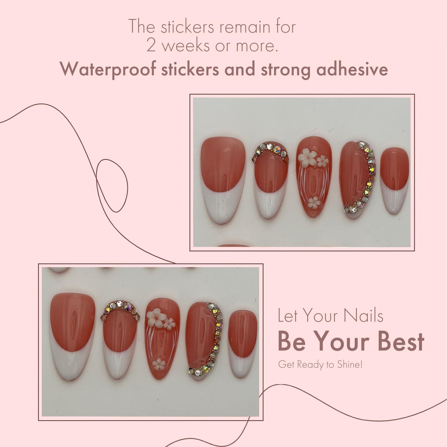 Press on Nails 10-Pack, 25mm Almond Shape Acrylic/UV Gel Fake Nails - Pink & White French Tip with Floral Rhinestone Design, Reusable Glossy Stick-on Nails for Women (Pink, S)