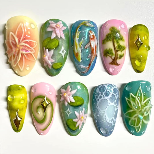 30Pcs Lotus Flower Press on Nails Medium Almond Fake Nails with 3D Koi Fish Lotus Leaf Design Star False Nails Natural Floral Glue on Nail Glossy Full Cover Spring Summer Artificial Nails for Women