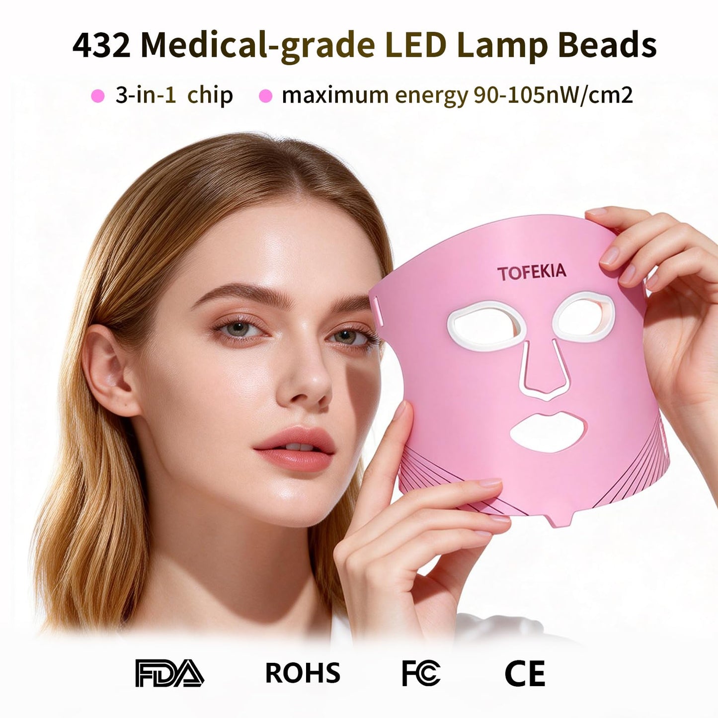 TOFEKIA FDA-Cleared Red Light Therapy Mask for Face – 3 Modes for Acne and Wrinkles, 5 Intensity Levels，850nm Infrared Led Light Therapy Device, Pink
