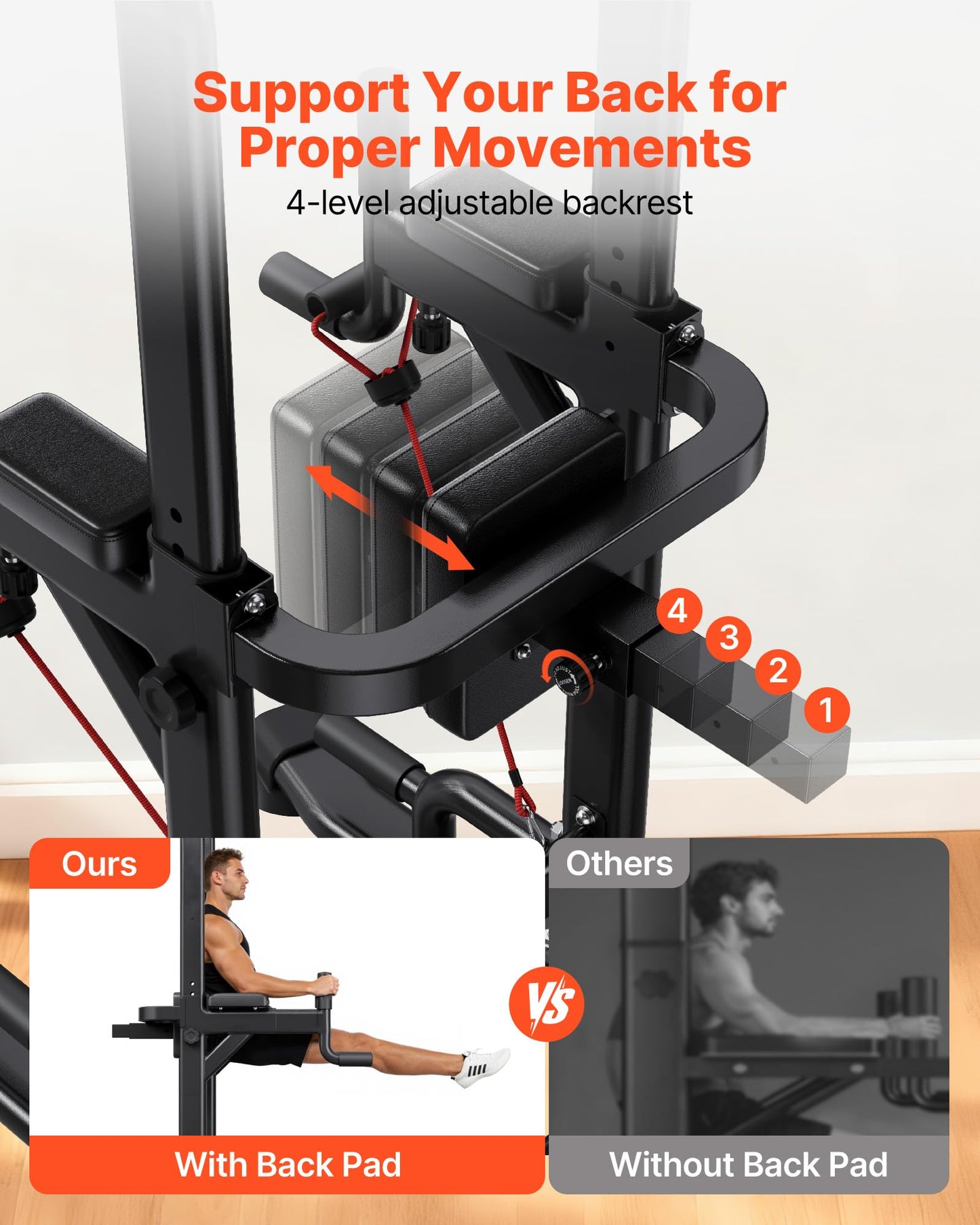 VEVOR Pull Up Bar, 330 LBS Power Tower Dip Station, Workout Dip Station with H-Shaped Stable Base & Back Pad, Adjustable 12 Level Height Free Standing Chin Up Bar for Back, 4-Level Adjustable Back Pad