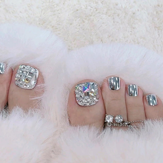 Glitter Silver False Toenail Sets - Press on Coffin Nails with Rhinestone Designs, Full Cover Artificial Acrylic Fake Nails, Stick on Toe Nails with Charm for Women