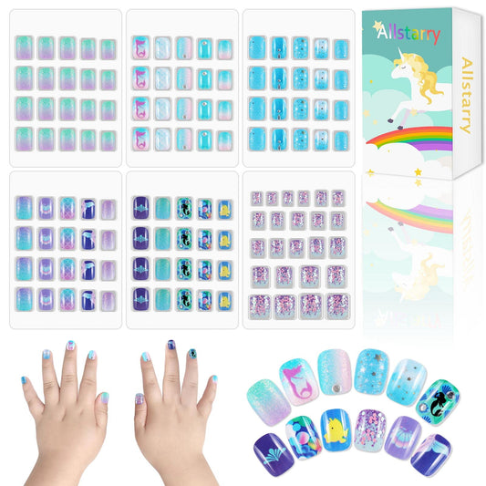 Allstarry 124 Pieces 6 pack Children Nails Press on Pre-glue Full Cover Blue Mermaid Short False Nail Kits Lovely Gift for Children Little Girls Nail Art Decoration (Glittering Ocean)