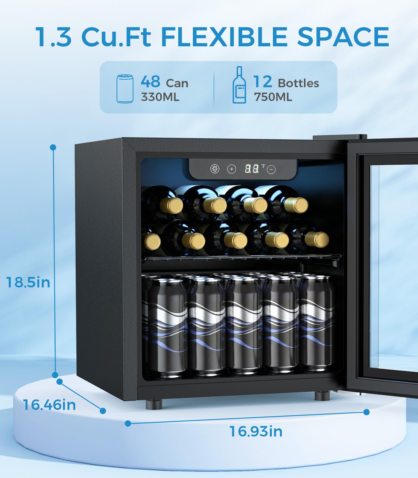 Electactic 48 Can Beverage Refrigerator Mini Fridge Cooler Glass Door for Beer Soda or Wine, Small Drink Cooler Machine LED Temperature Control for Bar Home, Office 1.3CUFT