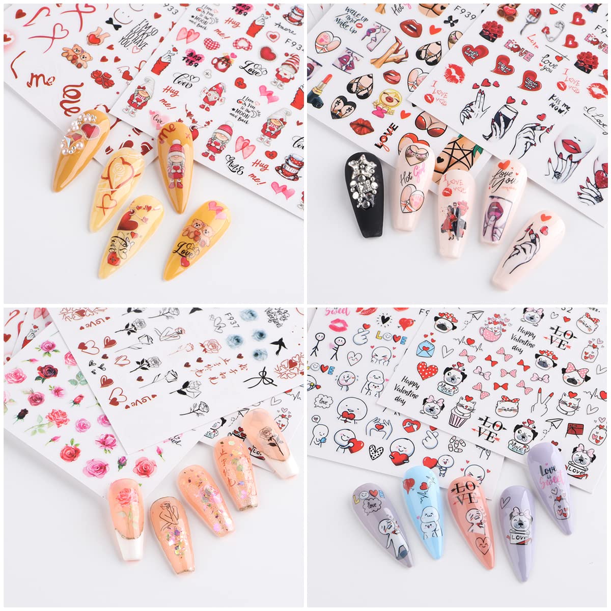 8 Sheets Valentine's Day Nail Art Stickers Decals,3D Self-Adhesive Nail Art Supplies Red Rose Lovers Lips Gnomes Designs Sticker Romantic Love Heart Manicure DIY Nail Decorations for Women Girls