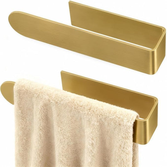 2 Pack Gold Hand Towel Holder, Adhesive Towel Bars Wall Mounted, 8 Inch Square Hand Towel Racks Stick on Wall for Bathroom Kitchen