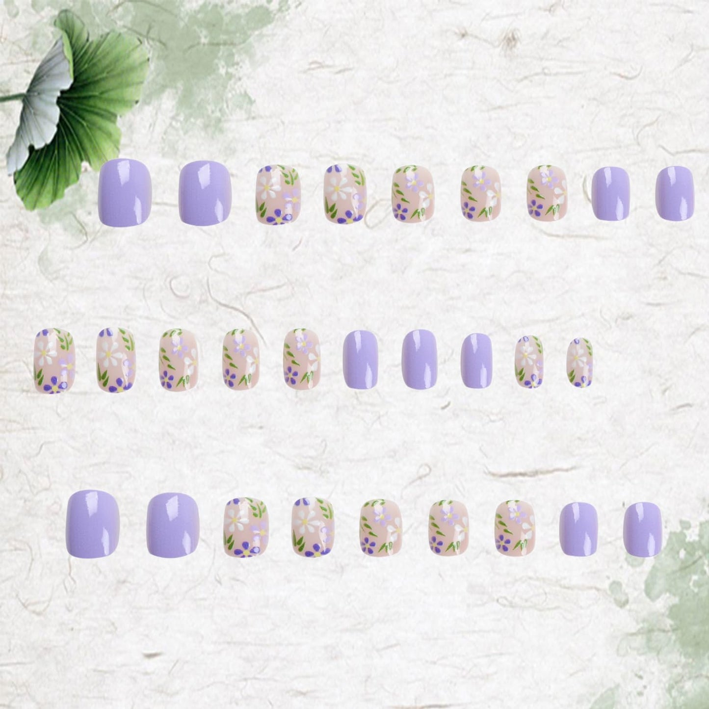 Press on Nails Short Length Flower False Nail with White Flower Green Leaves Design Purple Full Cover Glossy Acrylic Fingernails Oval Artificial Stick on Nail Reusable Glue on Nails for Women 24Pcs